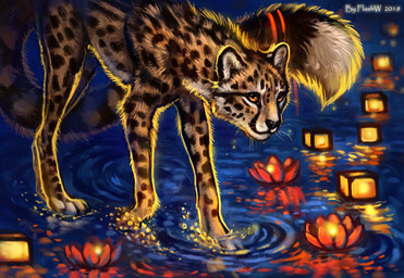 accessory ambiguous_gender black_body black_fur black_lips black_markings black_nose brown_body brown_fur brown_spots brown_stripes butt candlelight countershade_torso countershading detailed_background detailed_fur digitigrade dipstick_tail ear_markings facial_markings feet feral flower fur furgonomics head_markings hindpaw inner_ear_fluff lamp lantern light lips long_mouth looking_at_viewer looking_up markings multicolored_tail no_sclera orange_eyes paws plant red_flower reflection snout solo spots spotted_body spotted_fur standing striped_markings striped_tail stripes tail tail_accessory tail_markings tailband tan_body tan_fur toeless_(marking) tuft walking water water_drop whiskers white_body white_countershading white_fur white_markings flashw cheetah felid feline king_cheetah mammal 2018 detailed digital_media_(artwork) portrait three-quarter_portrait