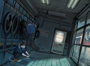 anthro appliance clothed clothing crouching detailed_background duo kemono laundromat laundry_machine machine male raining vending_machine sfw_nata canid canine felid feline mammal hi_res