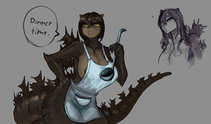 anthro apron apron_only areola areola_slip big_breasts breasts clothing dialogue female hand_on_hip kitchen_utensils ladle nipple_slip non-mammal_breasts non-mammal_hair simple_background solo tail thick_thighs tools yellow_eyes remill_black godzilla_(series) toho fan_character noriko_oishi dinosaur godzillasaurus gojirasaurus human kaiju mammal monster prehistoric_species reptile saurischian scalie theropod hi_res