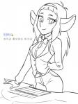 bottomwear bow_(feature) bow_tie clothed clothing female hair korean pants solo suit text topwear centinel303 ankama dofus dofus:_book_i_judith bakara_(wakfu) huppermage mammal digital_media_(artwork) korean_text monochrome