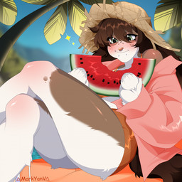 anthro bangs blush bottomwear brown_body brown_fur brown_hair clothed clothing crossed_legs eating_watermelon eyelashes facial_piercing female food freckled_face freckles fruit fur glistening_eyelids green_eyes hair hat headgear headwear holding_food holding_object long_eyelashes long_hair melon nose_piercing nose_ring open_clothing open_shirt open_topwear outside palm_tree piercing pink_clothing pink_shirt pink_topwear plant ring_piercing sea shirt shorts sitting sky solo tail topwear tree water watermelon watermelon_slice white_body white_fur markyanv_(artist) lagomorph leporid mammal rabbit 1:1 hi_res