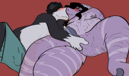 anthro blush bodily_fluids body_hair bulge cum duo fingering genital_fluids kissing leaking_cum lying male male/male nipple_piercing nipples on_back overweight piercing purple_body spread_legs spreading sunny_furr arthropod canid canine canis domestic_dog hybrid insect lepidopteran mammal moth hi_res