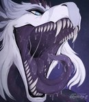 ambiguous_gender anthro black_body black_scales blue_eyes bodily_fluids drooling fangs front_view fur mouth_shot open_mouth pupils purple_tongue saliva saliva_on_tongue saliva_string scales sharp_teeth slit_pupils solo teeth tongue tongue_out white_body white_fur white_pupils santanahoffman mythology dragon furred_dragon furred_scalie mythological_creature mythological_scalie scalie bust_portrait portrait