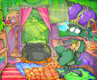anthro book carpet cauldron chair cloak clothing computer_mouse electronics flower food furniture gem green_body hat headgear headwear herbs male monitor office_chair pizza plant potion solo straw_hat window roksim amphibian frog spiko veggiefolk hi_res