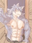 2023 absurd_res anthro areola armpit_hair barbell_piercing biped black_nose blue_body blue_fur blush body_hair canid canine canis countershade_fur countershading domestic_dog eyes_closed fist fur hair hand_on_wall hi_res high-angle_view husky kemono kouya_(morenatsu) looking_pleasured lying male mammal morenatsu muscular muscular_anthro muscular_male navel nipple_piercing nipples nordic_sled_dog nude nude_anthro nude_male on_back pecs piercing pink_areola pink_nipples raised_arm serratus sex solo spitz through_wall wall_(structure) white_body white_fur wood wood_wall yunu38
