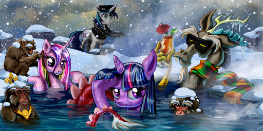 beverage blue_eyes blue_hair cloud crown cutie_mark eyewear fangs feathered_wings feathers female food fruit fur glass glasses gold_(metal) group hair headgear horn hot_spring jewelry lime liquid male mask multicolored_hair necklace outside personal_grooming plant purple_body purple_eyes purple_fur purple_hair scarf snow social_grooming teeth two_tone_hair umbrella water wings harwick friendship_is_magic hasbro my_little_pony mythology discord_(mlp) princess_cadance_(mlp) shining_armor_(mlp) twilight_sparkle_(mlp) chimera draconequus equid equine haplorhine japanese_macaque macaque mammal monkey mythological_creature mythological_equine old_world_monkey primate unicorn winged_unicorn 2014 hi_res