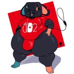 3_toes anthro barefoot black_body blue_eyes bulge clothing feet logo logo_on_shirt male moobs multicolored_body overweight overweight_male red_clothing red_eyes red_shirt red_topwear shirt simple_background solo switch_logo thick_thighs toes topwear white_background wide_hips toastyboi nintendo nintendo_switch_2 switch_mouse mammal mouse murid murine rodent 1:1