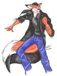 anthro biped clothed clothing coat fully_clothed hair male ponytail simple_background solo tattoo topwear trenchcoat psycrowe canid canine fox mammal 1999 portrait three-quarter_portrait traditional_media_(artwork)