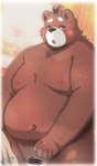 anthro belly big_belly blush brown_body brown_fur flaccid fur genitals humanoid_hands kemono male moobs navel nipples overweight overweight_male penis small_penis solo towel menmen_kesinn bear mammal 2021 censored