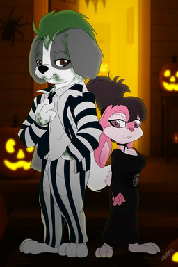 anthro barefoot biped black_clothing black_dress black_hair black_nose bottomwear breasts brown_hair buckteeth choker cleavage clothed clothing collared_shirt cosplay costume countershade_face countershade_torso countershading dress dress_shirt duo eyebrows feet female floppy_ears fur grey_body grey_fur hair halloween_costume halloween_decoration holidays jack-o'-lantern jacket jewelry looking_at_viewer lop_ears male multicolored_body necklace night outside pants pattern_bottomwear pattern_clothing pattern_jacket pattern_pants pattern_topwear pink_nose plantigrade scut_tail shirt short_hair short_tail small_breasts striped_bottomwear striped_clothing striped_jacket striped_pants striped_topwear stripes suit tail teeth topwear two_tone_body white_body white_countershading white_fur miniferu beetlejuice halloween beetlejuice_(character) lydia_deetz canid canine canis domestic_dog lagomorph leporid mammal rabbit 2026 2:3 hi_res
