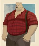 anthro blue_background border bottomwear chest_tuft clothing grin looking_aside lumberjack male manly musclegut muscular pants pattern_clothing pattern_shirt pattern_topwear plaid plaid_clothing plaid_shirt plaid_topwear shirt simple_background smile solo standing stubble suspenders topwear tuft white_border zcdartz bear mammal polar_bear ursine 2024 hi_res