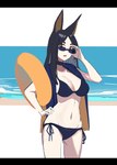 bikini black_bars black_hair breasts brown_eyes clothing eyewear female glasses hair long_hair looking_at_viewer markings mole_(marking) navel solo swimwear two-piece_swimsuit bluesowlz echj arknights hypergryph studio_montagne dobermann_(arknights) animal_humanoid canid canid_humanoid canine canis humanoid mammal mammal_humanoid hi_res letterbox