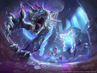 ambiguous_gender female feral glowing glowing_eyes group hair inside kneeling low-angle_view magic open_mouth running stairs tail text window ramza_ardyputra flesh_and_blood legend_story_studios canid canine canis domestic_dog human mammal 2021 4:3 absurd_res english_text hi_res official_art