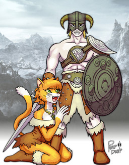 anthro armor belt boots clothing duo female female_anthro female_on_human footwear fur_clothing green_eyes headgear helmet holding_melee_weapon holding_object holding_shield holding_sword holding_weapon horn horned_helmet human_on_anthro interspecies jewelry male male/female male_human male_on_anthro melee_weapon mountain necklace shield shoes sword weapon purpleboye bethesda_game_studios microsoft skyrim the_elder_scrolls chudjak dovahkiin felid human khajiit mammal english_description hi_res