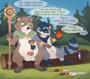 animal_genitalia anthro balls blue_body blue_fur bracelet brown_body brown_fur claws dialogue duo ear_piercing elemental_manipulation fire fire_manipulation forest fur genitals grass green_eyes jewelry kerchief looking_at_genitalia looking_at_penis magic magic_wand male male/male neckerchief neckwear outside peeking_penis penis piercing plant sheath sitting speech_bubble tail text tree weapon white_body white_fur mimi-fox bear mammal procyonid raccoon 2025 colored digital_drawing_(artwork) digital_media_(artwork) english_text flat_colors hi_res
