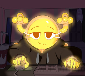 anthro bedroom bendy_straw beverage clothed clothing computer computer_mouse drinking_straw electronics eyelashes female glowing glowing_body hoodie horn inside jacket keyboard mirror night solo topwear yellow_body captainkirb cartoon_network the_amazing_world_of_gumball penny_fitzgerald fairy mammal absurd_res hi_res