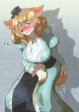 accident anthro blonde_hair blush bodily_fluids brown_eyes clothed clothing desperation dress embarrassed female fully_clothed genital_fluids hair hat headgear headwear omorashi outside peeing solo tears urine mttbsmn shuumatsu_nani_shitemasu_ka? sukasuka phyracorlybia_dorio canid canine mammal absurd_res digital_media_(artwork) hi_res