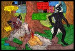 anthro balls black_border blood bodily_fluids border colored_pencil duo feet female fur genitals hair male male/female markings nipples nude paws simple_background spots spotted_body spotted_fur tail text cougar_leon marvel autumn_williams hysteria_klyntar javier_hernandez humanoid hyena mammal spotted_hyena symbiote were werehyena 2023 hi_res traditional_media_(artwork)