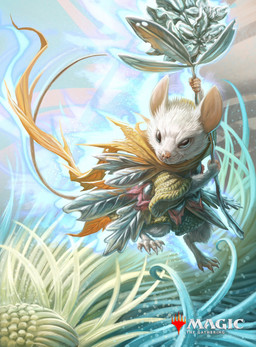 ambiguous_gender anthro barefoot cape clothing feet fur grass holding_object leaf_clothing magic plant solo tail white_body white_fur yellow_cape yellow_clothing josiahcameron hasbro magic:_the_gathering wizards_of_the_coast mammal mouse murid murine rodent 2024 hi_res official_art