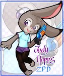 anthro blush bottomwear clothed clothing female gun leggings legwear looking_at_viewer open_mouth pants ranged_weapon shirt smile solo standing topwear weapon young young_anthro young_female clyndemoon disney zootopia judy_hopps lagomorph leporid mammal rabbit absurd_res hi_res