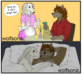after_sex_cuddling anthro apron bed bedding blanket blue_bottomwear blue_clothing blue_jeans blue_pants border bottomwear brown_eyes brown_hair candle chair clothing denim denim_bottomwear denim_clothing duo eyelid_blush femboy flower fur furniture gesture hair hands_in_front heart_symbol hearts_around_head intimate jeans lying lying_on_bed makeup male male/male mattress messy_hair money multicolored_body multicolored_fur muscular name_tag night nude on_bed on_chair pants pillow plant restaurant sitting sitting_on_chair table text two_tone_body two_tone_fur waitress_outfit white_body white_border white_fur white_sclera yellow_eyes zega borzoi canid canine canis domestic_dog hunting_dog mammal sighthound wolf english_text hi_res watermark