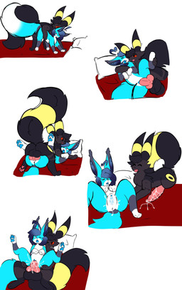 anus balls bed big_penis black_body black_fur blue_body blue_fur blue_pawpads blue_tongue bodily_fluids cum cum_on_vulva female female_penetrated fur furniture genital_fluids genitals half-closed_eyes knot looking_pleasured male male/female male_penetrating male_penetrating_female multiple_poses narrowed_eyes pawpads penetration penile penile_penetration penis penis_in_vagina pillow pose sex smile tongue tongue_out vaginal vaginal_penetration vulva vulpeku nintendo pokemon cyan_stars takeshi_(umbreon) animal_humanoid canid canid_humanoid canine canine_humanoid eeveelution fox generation_2_pokemon humanoid mammal mammal_humanoid pokemon_(species) umbreon absurd_res hi_res
