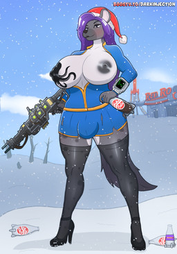anthro big_breasts big_nipples black_clothing black_footwear black_high_heels black_legwear black_stockings blue_clothing breast_tattoo breasts bulge christmas_clothing christmas_headwear clothing detailed_background footwear grey_body gun gynomorph hair hat headgear headwear high_heels holidays intersex legwear nipples nuka-cola pip-boy post-apocalyptic presenting presenting_breasts purple_eyes purple_hair ranged_weapon santa_hat shoes sky snow solo stockings tail tattoo vault_suit weapon white_body winter darkinjection christmas fallout microsoft hyena mammal digital_media_(artwork) hi_res