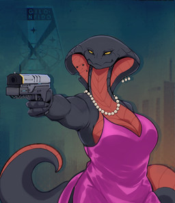 4_fingers abstract_background aiming anthro big_breasts big_tail black_body black_claws black_scales breasts claws cleavage clothed clothing countershade_breasts countershade_scales countershade_tail countershade_torso countershading dress evening_gown female finger_claws fingers furgonomic_piercing furgonomics gem gun handgun holding_gun holding_handgun holding_object holding_pistol holding_ranged_weapon holding_weapon humanoid_hands jewelry long_neck long_tail necklace non-mammal_breasts orange_pupils pearl_(gem) pearl_necklace piercing pink_clothing pink_dress pistol pointing_gun pupils ranged_weapon red_body red_countershading red_scales scales side_boob slit_pupils snake_hood snake_hood_piercing solo tail tapering_tail thick_tail ventral_scales weapon wide_hips yellow_eyes hoc2pus x-com reptile scalie snake viper_(x-com) 2025 hi_res portrait shaded three-quarter_portrait