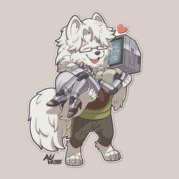 anthro biped bottomwear breasts chibi clothed clothing duo eyebrows eyes_closed female fingers fluffy fluffy_tail footwear for_a_head fur hair heart_symbol high_heels holding_another husband_and_wife male married_couple open_mouth open_smile pants paws red_heart ring screen screen_face shoes simple_background smile tail tongue topwear weapon white_body white_fur auveiss canid canine humanoid mammal object_head screen_head 1:1 2026 hi_res