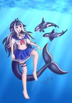 ambiguous_gender blue_hair bottomwear clothing female feral group hair open_mouth purple_eyes skirt tail trio insaneproxy_(artist) vtuber background_character shylily animal_humanoid cetacean cetacean_humanoid dolphin humanoid mammal marine marine_humanoid oceanic_dolphin orca orca_humanoid toothed_whale hi_res