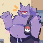 1:1 4_fingers anthro belly belly_overhang big_belly black_bottomwear black_clothing black_shorts bodily_fluids body_hair bottomwear clothed clothing digital_media_(artwork) fingers fur generation_1_pokemon gengar grin half-length_portrait hand_in_pocket handbag happy_trail hi_res looking_at_viewer male musk musk_clouds navel nintendo onlyygaru open_mouth open_smile overweight overweight_anthro overweight_male pockets pokeball_print pokemon pokemon_(species) pokemorph portrait purple_body purple_fur red_eyes shorts smile solo standing sweat teeth three-quarter_view topless wave