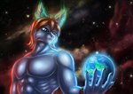 abs anthro aura big_muscles biped blue_eyes bracelet cheek_tuft claws facial_tuft front_view glowing glowing_body holding_planet huge_muscles jewelry light looking_down macro male muscular nebula nude pecs planet planet_dwarfing serratus smile solo space star terra_macro tuft catzakir zakir deity domestic_cat felid feline felis mammal half-length_portrait lighting portrait