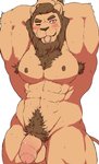 abs accessory anthro armpit_hair balls blush bodily_fluids body_hair brown_body brown_eyes brown_fur brown_hair brown_mane foreskin fur genitals hair hair_accessory hair_tie humanoid_genitalia humanoid_penis male mane mouth_hold muscular muscular_anthro muscular_male navel nipples nude object_in_mouth one_eye_closed pecs penis pubes simple_background solo sweat tying_hair white_background yoshizaurusu_n felid lion mammal pantherine