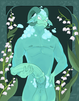 animal_genitalia animal_penis anthro art_nouveau balls big_penis blue_body ear_piercing ear_tag equine_genitalia equine_penis fluffy fluffy_hair genitals green_body hair horn male medial_ring nipples pecs penis piercing plant sheath solo text translucent white_eyes white_hair fructosed spectre_(fructosed) bovid caprine ghost goat mammal spirit absurd_res hi_res