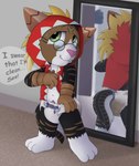 anthro clothing dialogue diaper diaper_check eyewear feces glasses gloves handwear hooded male messy soiled_diaper soiling solo text unclean_diaper used_diaper young anowotternpc canid canine canis domestic_cat felid feline felis hybrid mammal wolf english_text hi_res