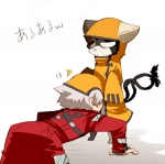 2_tails ambiguous_gender anthro clothing coat duo eye_patch eyewear male multi_tail oops red_eyes tail text topwear skmtnudy arc_system_works asian_mythology blazblue east_asian_mythology japanese_mythology mythology jubei_(blazblue) ragna_the_bloodedge felid human kaka_(blazblue) mammal nekomata yokai 2009 japanese_text translated