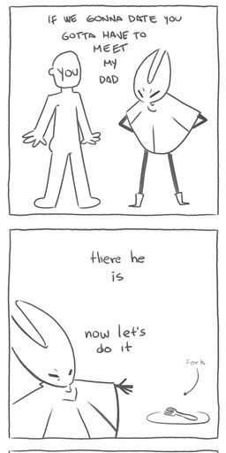 anthro biped cutlery dialogue duo eyes_closed faceless_character faceless_human female female_anthro fork furrowed_brow human_kissing_anthro human_on_anthro interspecies inviting kissing kitchen_utensils male male/female male_human plate self_insert simple_background text tools lizbot hollow_knight_(franchise) team_cherry yoshi_and_toad_kissing hornet_(hollow_knight) arachnid arthropod human mammal spider 2024 comic english_text hi_res monochrome