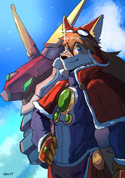 anthro clothing cloud eyewear eyewear_on_head fur goggles goggles_on_head male sky solo topwear nacht cyberconnect2 little_tail_bronx solatorobo red_savarin akita canid canine caninu canis domestic_dog mammal spitz absurd_res hi_res