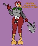 anthro armor balls beckoning bottomless butt clothed clothing dancing dialogue genitals gesture gynomorph halberd intersex knight looking_at_viewer melee_weapon one_eye_closed penis plate_armor polearm shaking_hips solo text warrior weapon wink winking_at_viewer kakroon avian bird animated english_text loop