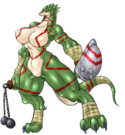 4_toes anthro big_breasts bodypaint breasts claws ear_piercing featureless_breasts featureless_crotch feet female flail foot_wraps green_body green_skin hand_wraps huge_breasts melee_weapon muscular muscular_anthro muscular_female nipple_outline non-mammal_breasts nude piercing scales shield simple_background solo tail tail_wraps tan_body tan_scales three-quarter_view toe_claws toes weapon white_background wraps yellow_eyes ketsuneko lizard reptile scalie full-length_portrait hi_res portrait