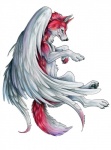 ambiguous_gender black_claws black_pawpads claws digitigrade feathered_wings feathers feral fur pawpads quadruped red_body red_fur simple_background solo tail white_background white_body white_feathers wings pearleden canid canine mammal traditional_media_(artwork)