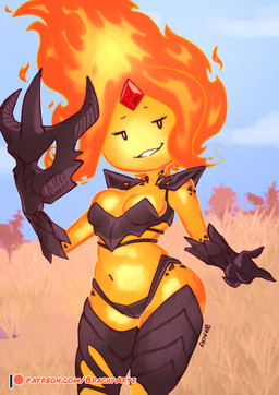 armor black_eyes blush breasts eyelashes female fire flaming_hair forehead_gem front_view gem holding_mask looking_at_viewer navel orange_body pseudo_hair shoulder_pads small_breasts smile solo text thick_thighs unconvincing_armor wide_hips brachyzoid adventure_time cartoon_network microsoft the_elder_scrolls flame_princess elemental_creature elemental_humanoid fire_creature fire_humanoid flame_atronach humanoid url