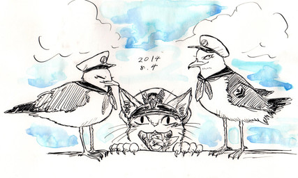ambiguous_gender beak claws clothed clothed_feral clothing cloud eyes_closed fangs feathered_wings feathers feral group hat headgear headwear inner_ear_fluff kerchief looking_at_viewer neckerchief neckwear open_mouth sailor_cap standing tail tail_feathers teeth tongue tongue_out trio tuft whiskers wings kyokyota avian bird domestic_cat felid feline felis gull lari larid mammal 2014 dated hi_res painting_(artwork) pen_(artwork) traditional_media_(artwork) traditional_painting_(artwork) traditional_watercolor_(artwork) watercolor_(artwork)