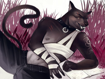 anthro bandage bandaged_arm bandaged_chest book bottomwear clothing collar collar_ring detailed_background facial_scar fangs fur fur_tattoo lying male navel nipples notched_ear on_elbow on_side open_mouth pants scar solo tail teeth thin_tail sssnake_mg felid feline mammal 4:3 hi_res