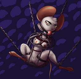 ball_gag bdsm bondage bound breasts cage chain female gag genitals nude suspension vulva mystalker mina_the_hollower yacht_club_games mina_(mina_the_hollower) mammal mouse murid murine rat rodent hi_res