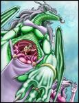 2004 anthro anthro_pred bottomwear bra breasts claws clothed clothing dragon eve_(markie) female green_body green_scales group hair heart_symbol horn human internal jewelry loincloth long_hair long_tongue mammal markie membrane_(anatomy) membranous_wings mythological_creature mythological_scalie mythology open_mouth pink_body pink_scales purple_body purple_hair purple_scales ring scales scalie size_difference skimpy solo_focus teeth tongue tongue_out under_boob underwear vore wings