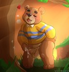 anthro balls belly blush bodily_fluids bottomless chibi clothed clothing cum drooling erection eyebrows genital_fluids genitals heart_symbol male masturbation outside penis saliva solo sunset thick_eyebrows tongue ursofofinho animal_crossing nintendo teddy_(animal_crossing) bear mammal