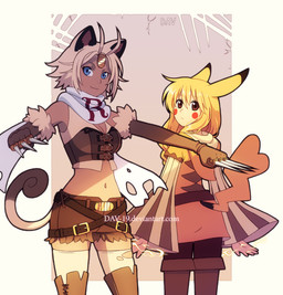 abstract_background alternate_species armwear belt blonde_hair blue_eyes boots bottomwear brass_knuckles brown_eyes buckle cleft_tail clothed clothing crop_top crossed_belts duo elbow_gloves electricity female footwear gloves grey_hair hair handwear hood humanoidized legwear looking_at_viewer loose_belt melee_weapon midriff navel pokemorph scarf shirt shoes shorts stockings tail tan_hair text text_on_clothing thigh_boots thigh_highs topwear tunic vest weapon yellow_body yellow_skin dav-19 nintendo pokemon team_rocket animal_humanoid felid generation_1_pokemon humanoid mammal meowth pikachu pokemon_(species) pokemon_humanoid rodent