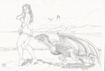 4_toes ambient_dragon ambiguous_gender beach bikini biting_clothing breasts butt clothing cloud coppertone_(sunscreen) coppertone_girl curled_hair daenerys_targaryen dragon drogon duo european_mythology feet female feral flying game_of_thrones hair human larger_female mammal membrane_(anatomy) monochrome mythological_creature mythological_scalie mythology nude pinup pose rhaegal rob_reis scalie seaside size_difference smaller_feral sun swimwear tail_membrane toes viserion western_dragon wings wyvern