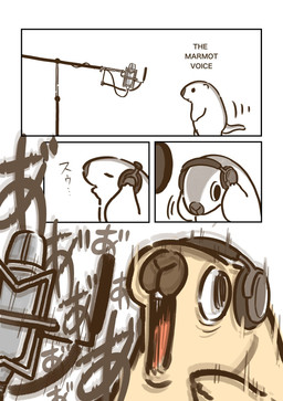 4_panel_comic ambiguous_gender clothing dialogue dot_eyes electronics feral fur headgear headgear_only headphones headset headwear microphone open_mouth simple_background simple_eyes solo tail tan_body tan_fur teeth text tongue toony white_background yelling marmottooooo ground_squirrel mammal marmot rodent sciurid 2025 comic english_text hi_res japanese_text